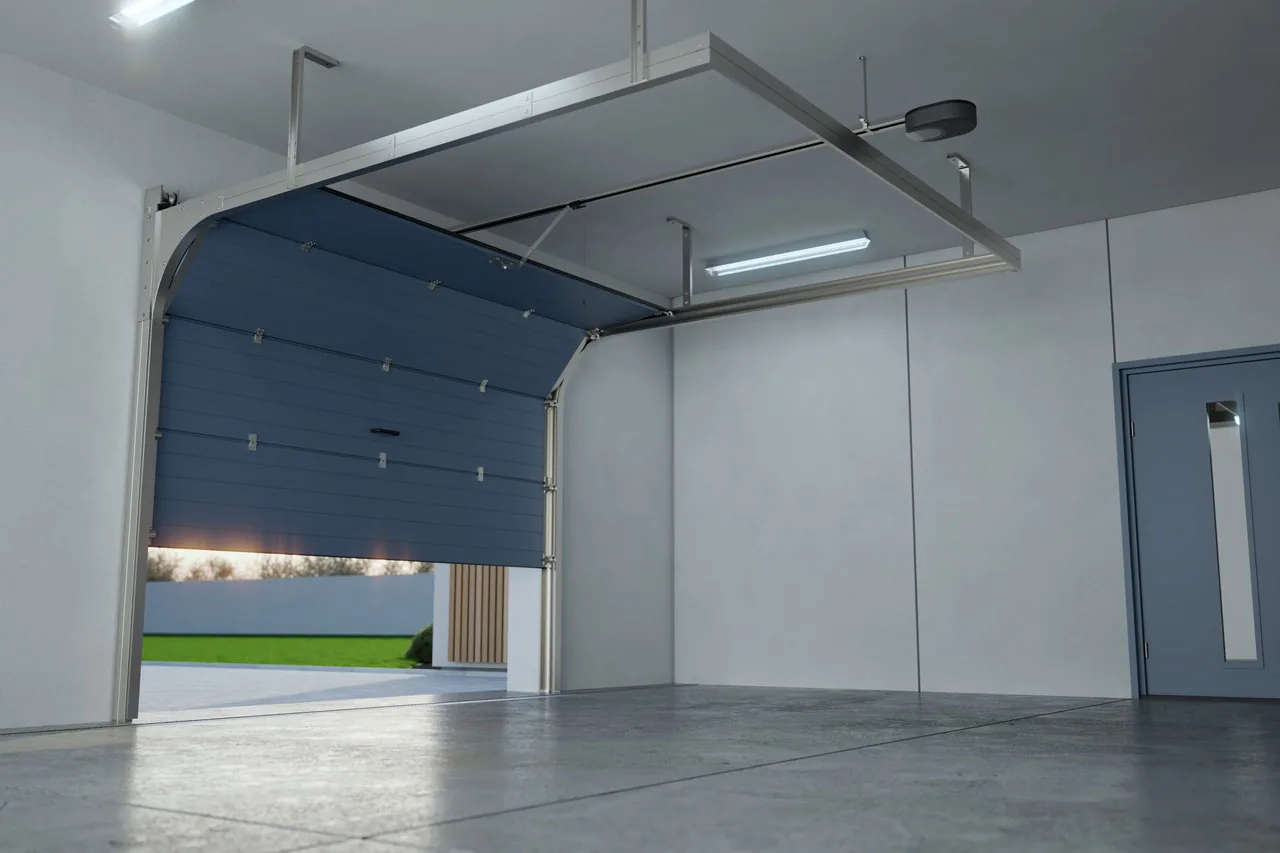 Garage interior with overhead door and epoxy-style floor