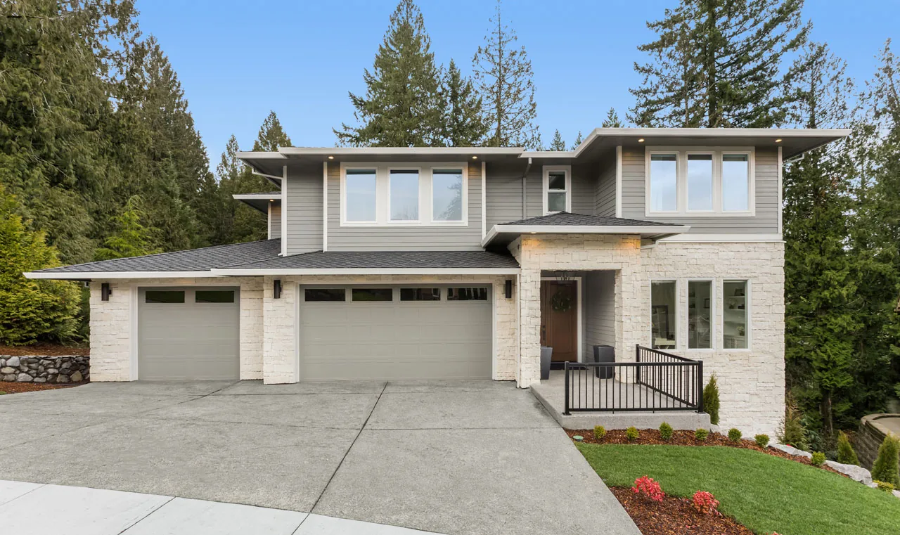 Modern home with three-car attached garage